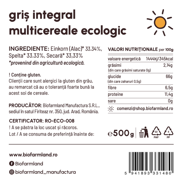 Griș integral din 3 cereale (33,33% spelta, 33,33% secară, 33,33% einkorn), alternativă sănătoasă pentru gătit | 500g [2]