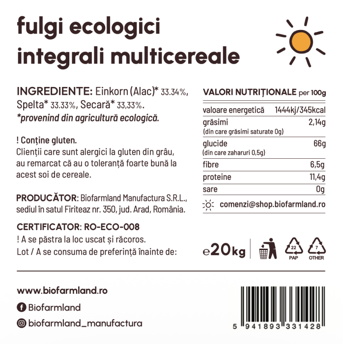 Mix 3 fulgi integrali (33,33% spelta, 33,33% secară, 33,33% einkorn), 100% natural | 20kg [2]