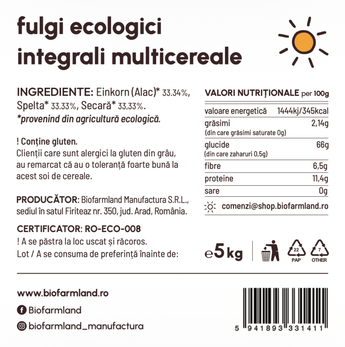 Mix 3 fulgi integrali (33,33% spelta, 33,33% secară, 33,33% einkorn), 100% natural | 5kg [2]