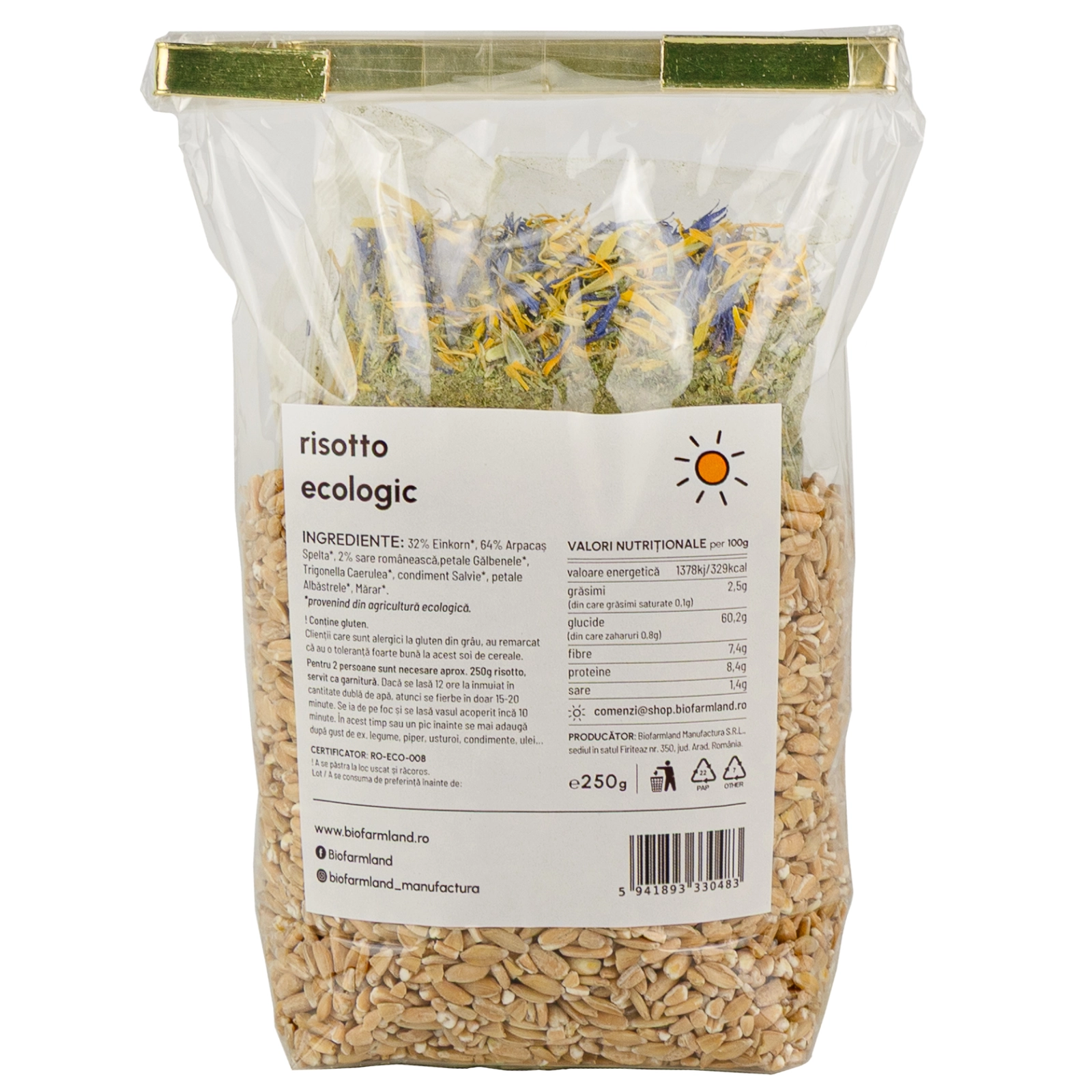 Risotto ecologic din 32% einkorn (alac) și 64% arpacaș spelta cu 2% sare românească cu flori | 250g [2]