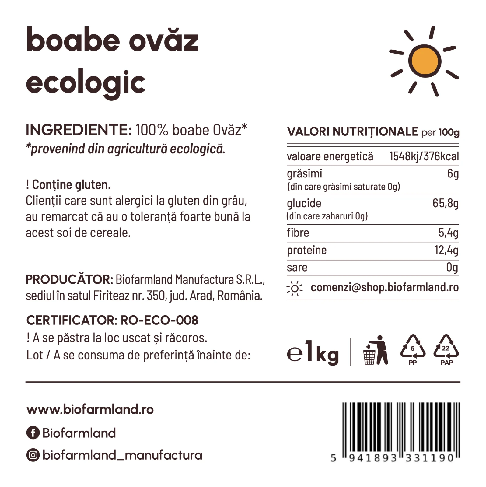 Ovăz boabe întregi ecologice - 20kg [3]
