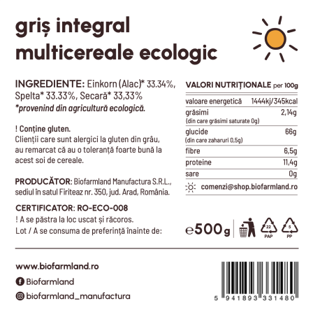 Griș integral din 3 cereale (33,33% spelta, 33,33% secară, 33,33% einkorn), alternativă sănătoasă pentru gătit | 500g [1]