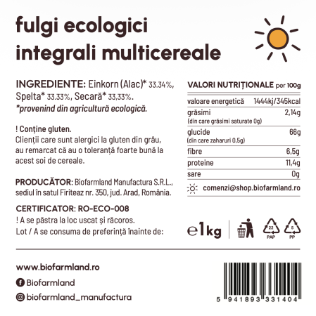 Mix 3 fulgi integrali (33,33% spelta, 33,33% secară, 33,33% einkorn), 100% natural | 1kg [1]