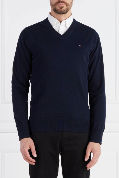 Pulover Tommy Hilfiger din amestec de bumbac organic cu decolteu in V [1]
