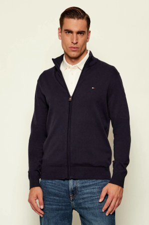 Pulovere barbati - Cardigan barbati Tommy Hilfiger bleumarin cu fermoar si logo brodat