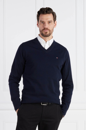 Pulover Tommy Hilfiger din amestec de bumbac organic cu decolteu in V [3]