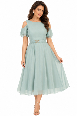 Rochii - Rochie Eleganta Midi StarShinerS cu Umeri Decupati si Volane