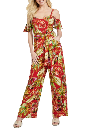 Salopete dama - Salopeta Guess Imprimeu Tropical Wide Leg Dama