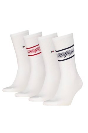 Sosete barbati - Set 4 perechi sosete lungi Tommy Hilfiger albe cu logo si dungi
