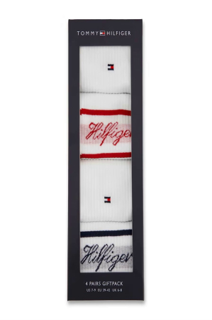 Set 4 perechi sosete lungi Tommy Hilfiger albe cu logo si dungi [2]