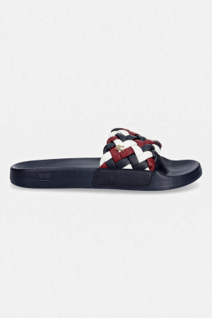 Slapi, papuci, saboti dama - Slapi dama Tommy Hilfiger FW0FW09039 bleumarin cu design impletit multicolor