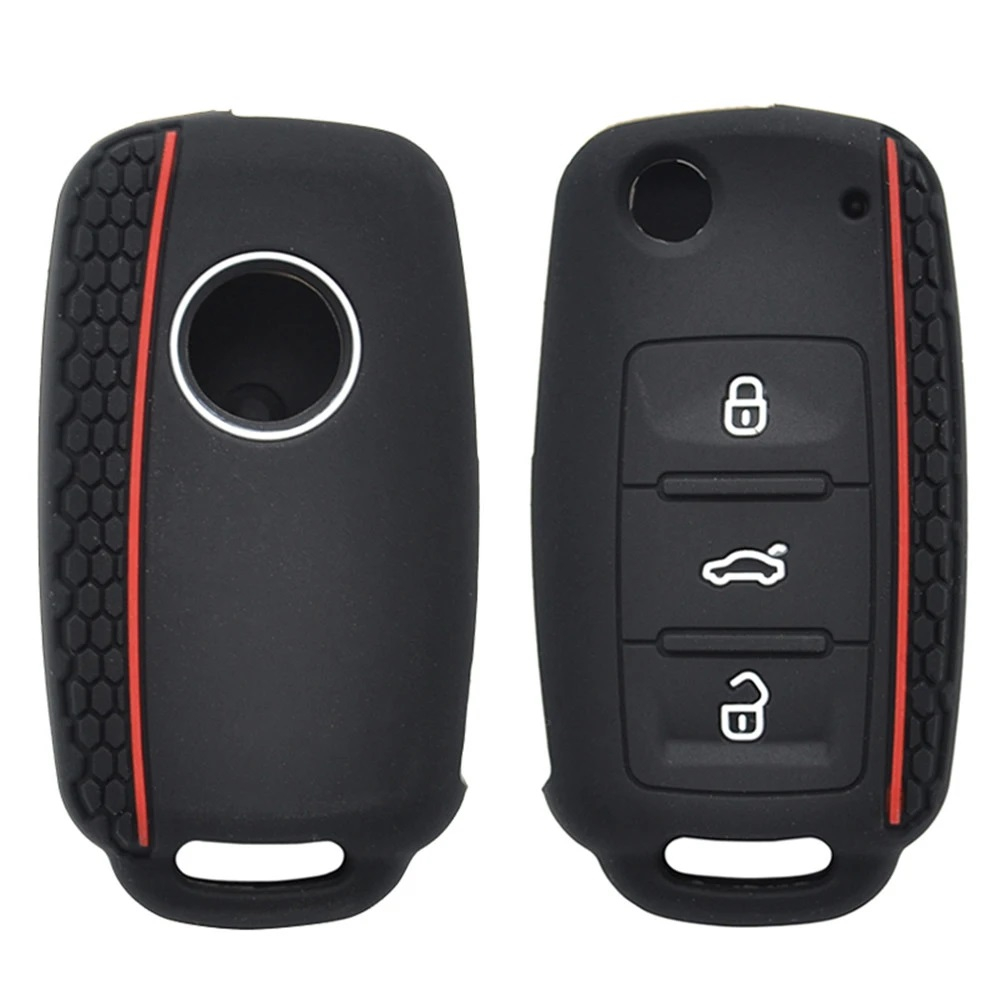 Husa cheie auto tip briceag pentru VW, silicon, 3 butoane, Negru-Rosu [1]