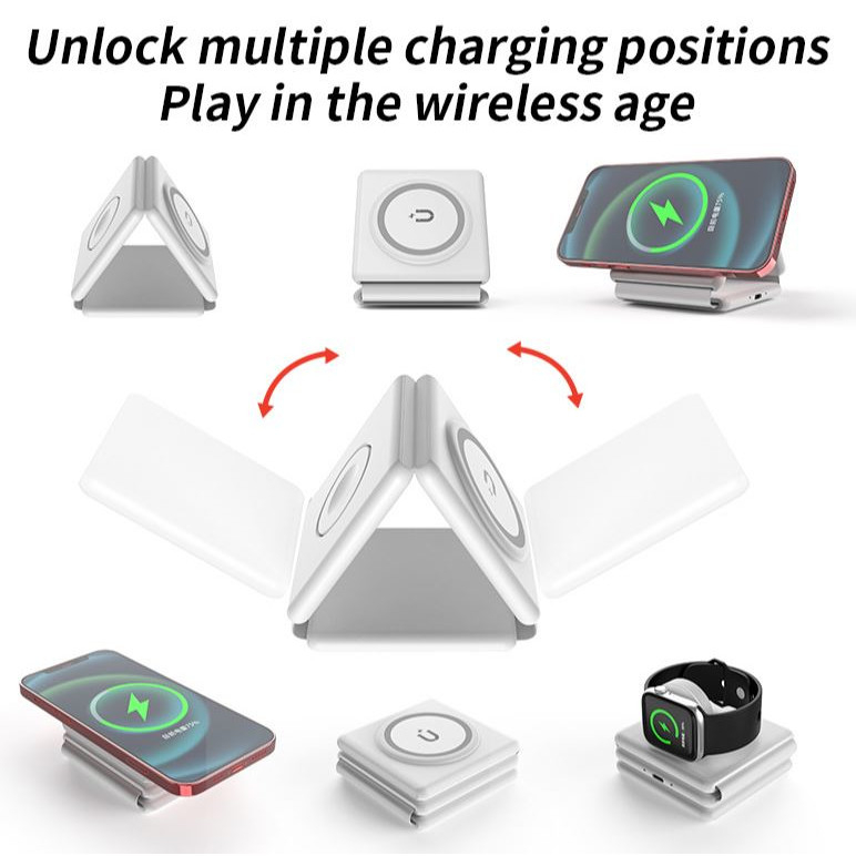 Incarcator wireless magnetic 3 in 1 universal, pliabil, incarcare rapida 15W, wifi charger, alb, compatibil cu Samsung, iPhone, Apple Watch, AirPods Pro, AirPods cu carcasa de incarcare fara fir [2]
