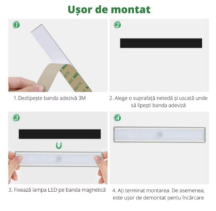 Lampa LED cu senzor de miscare, 46 led-uri puternice, fara fir, fara baterii cu reincarcare prin USB, cu support magnetic, pentru, dulap de bucatarie, baie, hol, scari, portabila, 19cm, lumina rece [5]