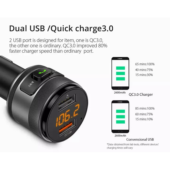Modulator FM, Bluetooth, Hands Free, Quick Charge 3.0, MP3 player, suporta USB audio player, Bluetooth, 2 x USB, QC3.0, negru [3]