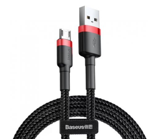 Cablu MicroUSB - Cablu Date si Incarcare Baseus USB la MicroUSB Cafule, 1 m, 2.4A, CAMKLF-B91, Negru, Rosu, Negru