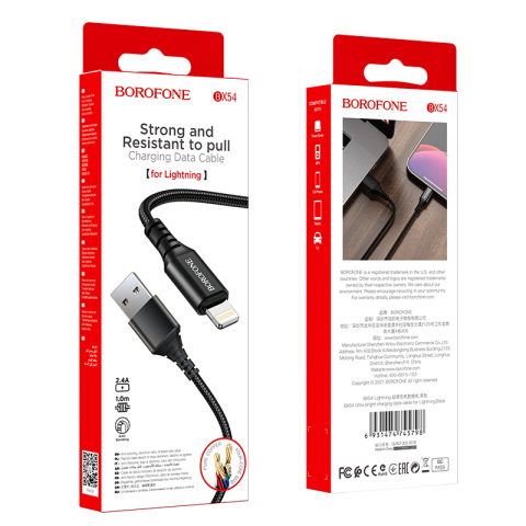 Cablu Date si Incarcare USB la tip Lightning Borofone BX54 Ultra bright, 1 m, 2.4A, Negru [3]