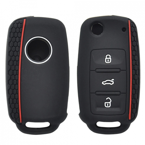 Auto - Husa cheie auto tip briceag pentru VW, silicon, 3 butoane, Negru-Rosu