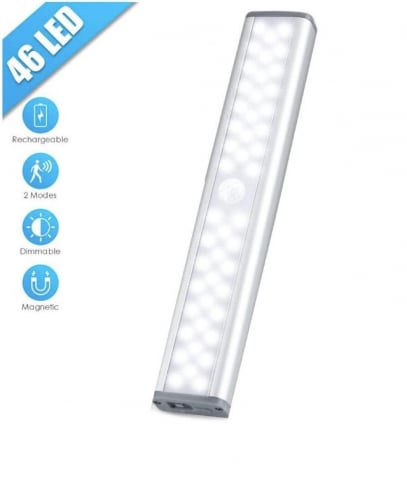 Lampa LED cu senzor de miscare, 46 led-uri puternice, fara fir, fara baterii cu reincarcare prin USB, cu support magnetic, pentru, dulap de bucatarie, baie, hol, scari, portabila, 19cm, lumina rece [3]