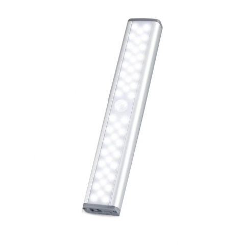 Becuri - Lampa LED cu senzor de miscare, 46 led-uri puternice, fara fir, fara baterii cu reincarcare prin USB, cu support magnetic, pentru, dulap de bucatarie, baie, hol, scari, portabila, 19cm, lumina rece
