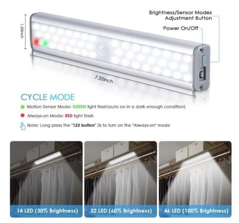 Lampa LED cu senzor de miscare, 46 led-uri puternice, fara fir, fara baterii cu reincarcare prin USB, cu support magnetic, pentru, dulap de bucatarie, baie, hol, scari, portabila, 19cm, lumina rece [2]