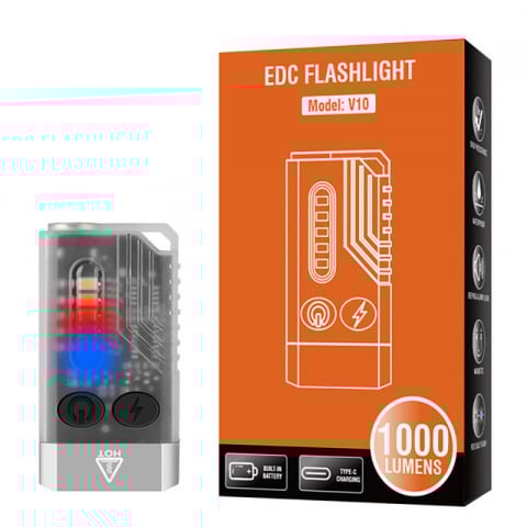Camping, vanatoare &pescuit - Lanterna EDC 12 moduri de iluminat, 1000 Lumeni, IPX4, lumina UV, beep de urgenta 80 dB,  USB C, distanta 100 Metri, acumulator 1000mAh, argintiu
