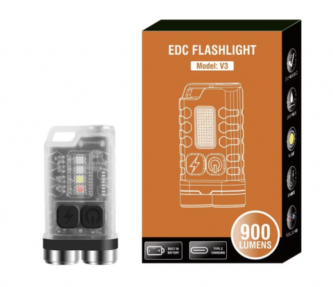 Camping, vanatoare &pescuit - Lanterna EDC 12 moduri de iluminat, 900 Lumeni, IPX65, USB C, distanta 100 Metri, acumulator 500mAh, argintiu