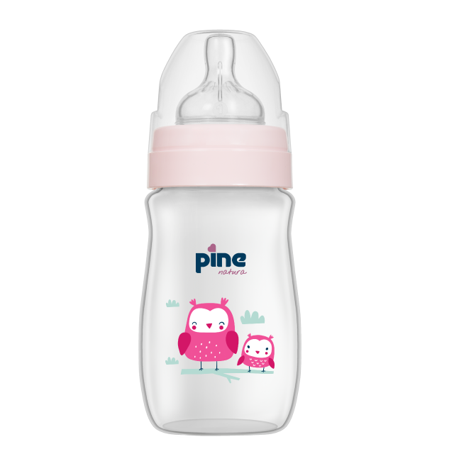 Biberon cu gât larg cu tetină nr 1, 0-6 luni, Roz x 250ml Pine Natura x 1 buc [2]
