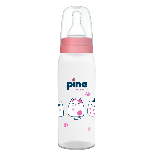 Biberon din sticlă cu tetină nr 1, 0-6 luni, Roz x 250ml Pine Natura x 1 buc [2]