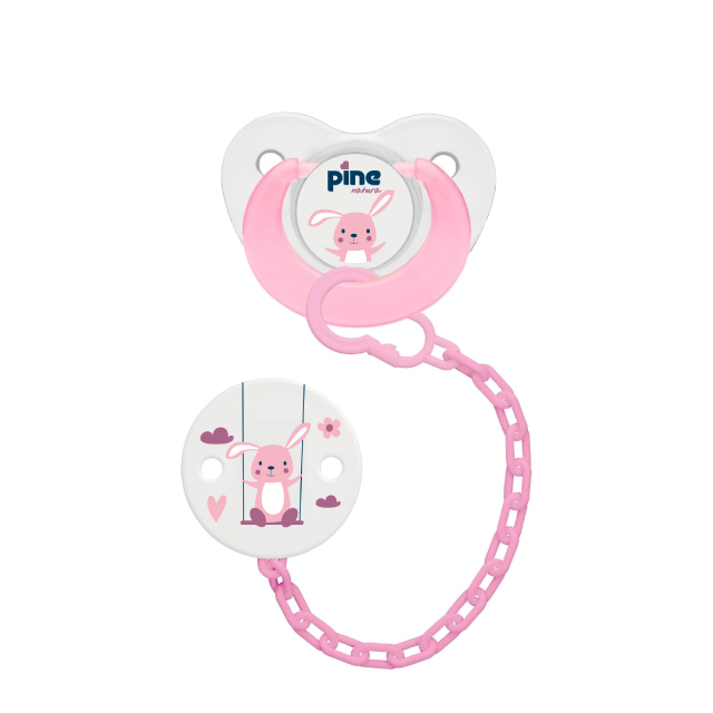 Suzeta tip fluture cu lantisor si clips, Roz, model Iepuras, nr. 2, Pine Natura x 1 buc [2]