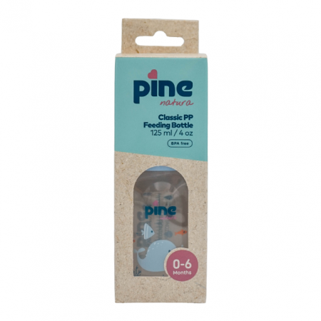 Hranire - Biberon Clasic cu tetină nr. 1, 0-6 luni, Albastru x 125ml Pine Natura x 1 buc