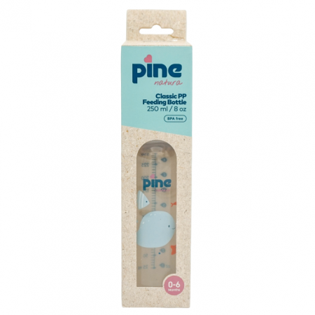 Hranire - Biberon Clasic cu tetină nr. 1, 0-6 luni, Albastru x 250ml Pine Natura x 1 buc