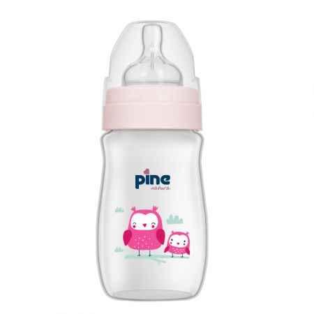 Biberon cu gât larg cu tetină nr 1, 0-6 luni, Roz x 250ml Pine Natura x 1 buc [1]