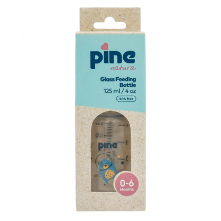 Biberoane & Cani - Biberon din sticlă cu tetină nr 1, 0-6 luni, Albastru x 125ml cu tetina nr. 1 Pine Natura x 1 buc