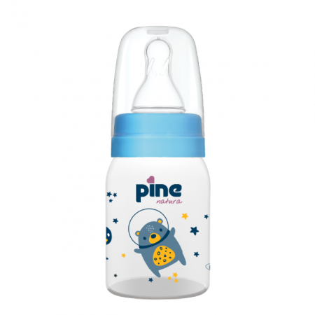 Biberon din sticlă cu tetină nr 1, 0-6 luni, Albastru x 125ml cu tetina nr. 1 Pine Natura x 1 buc [1]