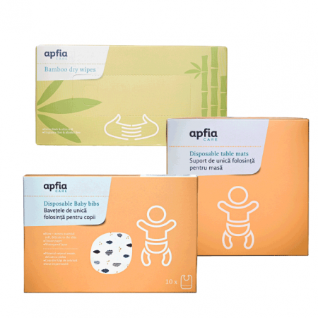 Servetele - Kit: bavete de unica folosinta pentru copii 10buc, servetele uscate din bambus hipoalergenice & biodegradabile x100buc, suport de masa de unica folosinta 30x40 cm x30buc, Apfia Care