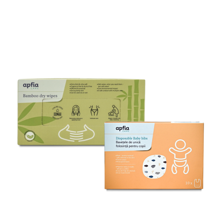 Scutece & Servetele - Kit: bavete de unica folosinta pentru copii x10buc, servetele uscate din bambus hipoalergenice & biodegradabile x100buc, Apfia Care