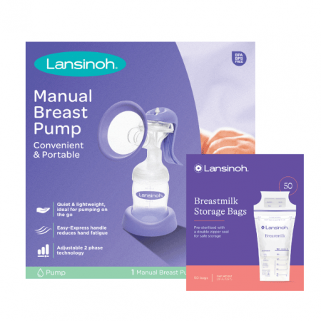 Alaptare - Kit: pompa de san manuala, pungi de stocare x50buc, Lansinoh