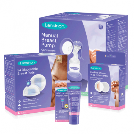Alaptare - Kit: HPA lanolin x40ml, tampoane pentru san x24buc, Soothies compresa pentru mameloane x2buc, pompa de san manuala, Lansinoh