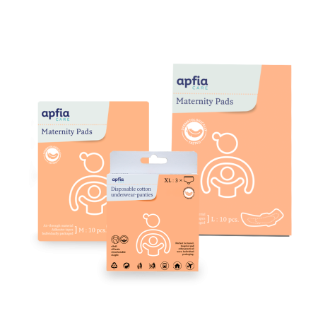 Ingrijire Mama  - Kit: tampoane postnatale L x10buc, tampoane postnatale M x10buc, chiloti din bumbac de unica folosinta XL x3buc, Apfia Care