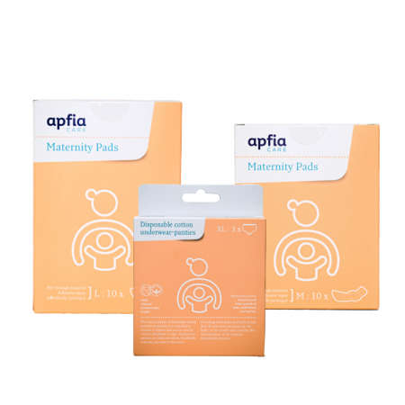 Ingrijire Mama  - Kit: tampoane postnatale L x10buc, tampoane postnatale M x10buc, chiloti din bumbac de unica folosinta XL x3buc, Apfia Care