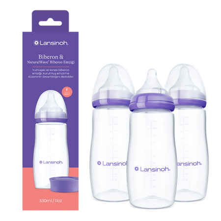 Accesorii pompa manuala - Pachet 3 Biberoane Lansinoh 330 ml cu Tetine NaturalWave F (flux rapid), Polipropilenă, 6-12 luni