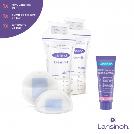 Maternitate & Lauzie - Kit: HPA lanolin x10ml, tampoane pentru san x24buc, pungi de stocare a laptelui x25buc