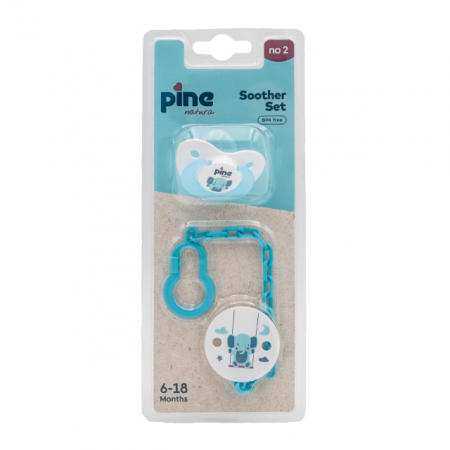 Suzete - Suzeta tip fluture cu lantisor si clips, Albastru, model Elefant, nr. 2, Pine Natura x 1 buc
