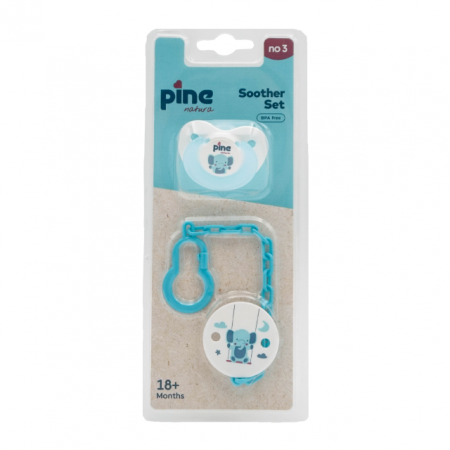 Hranire - Suzeta tip fluture cu lantisor si clips, Albastru, model Elefant, nr. 3, Pine Natura x 1 buc