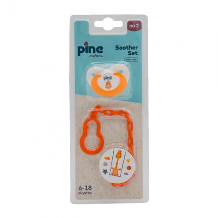 Hranire - Suzeta tip fluture cu lantisor si clips, Portocaliu, model Girafa, nr. 2, Pine Natura x 1 buc