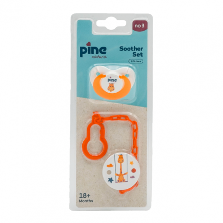 Hranire - Suzeta tip fluture cu lantisor si clips, Portocaliu, model Girafa, nr. 3, Pine Natura x 1 buc