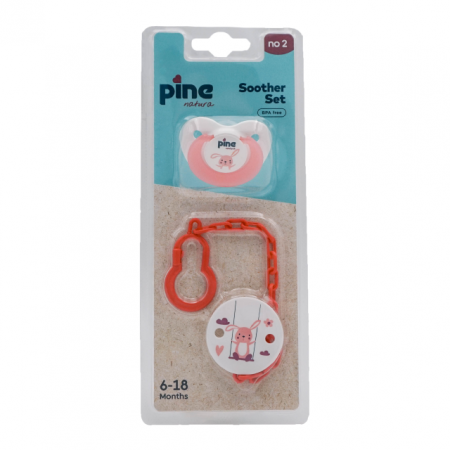 Hranire - Suzeta tip fluture cu lantisor si clips, Roz, model Iepuras, nr. 2, Pine Natura x 1 buc