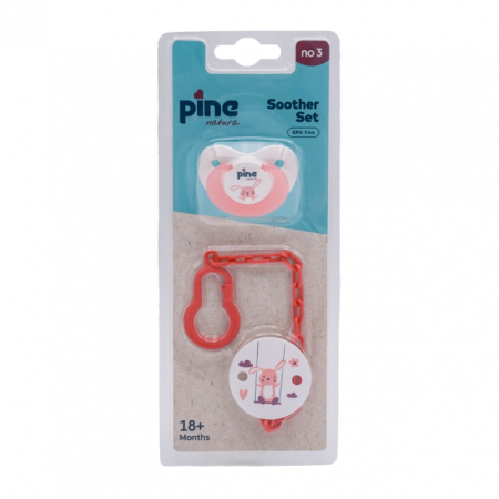 Hranire - Suzeta tip fluture cu lantisor si clips, Roz, model Iepuras, nr. 3, Pine Natura x 1 buc