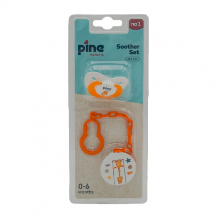Hranire - Suzeta tip fluture cu lantisor si clips, Portocaliu, model Girafa, nr. 1, Pine Natura x 1 buc